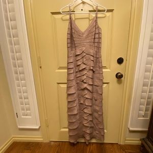 Spaghetti strap taupe evening dress.